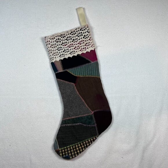 Vintage Crazy Quilt Patchwork Stocking Lace‎ Trim Top Christmas - Picture 4 of 11